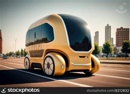 autonomous city transport moving smoothly through the streets, with no one behind the wheel, created with generative ai. autonomous city transport moving smoothly through the streets, with no one behind the wheel