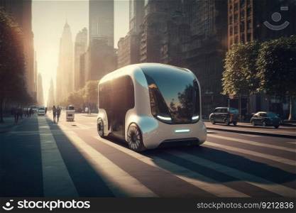 autonomous city transport moving smoothly through the streets, with no one behind the wheel, created with generative ai. autonomous city transport moving smoothly through the streets, with no one behind the wheel
