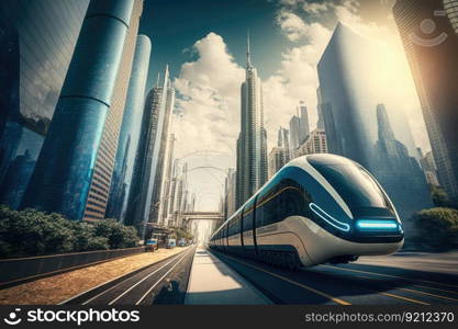 autonomous city transport moving through dense urban landscape, with skyscrapers visible in the background, created with generative ai. autonomous city transport moving through dense urban landscape, with skyscrapers visible in the background