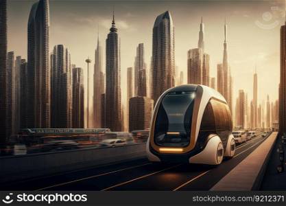 autonomous city transport moving through dense urban landscape, with skyscrapers visible in the background, created with generative ai. autonomous city transport moving through dense urban landscape, with skyscrapers visible in the background