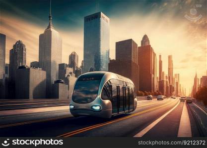 autonomous city transport moving through dense urban landscape, with skyscrapers visible in the background, created with generative ai. autonomous city transport moving through dense urban landscape, with skyscrapers visible in the background