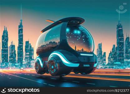 autonomous city transport system, with a view of the futuristic city and bright lights in the background, created with generative ai. autonomous city transport system, with a view of the futuristic city and bright lights in the background