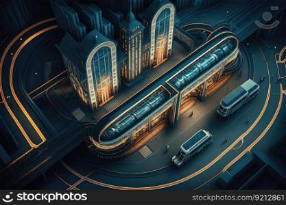 autonomous city transport system, with lines and stations clearly visible, stops in the center of the city, created with generative ai. autonomous city transport system, with lines and stations clearly visible, stops in the center of the city