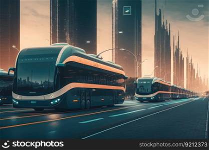 autonomous city transport system, with lines of self-driving cars and buses, in futuristic metropolis, created with generative ai. autonomous city transport system, with lines of self-driving cars and buses, in futuristic metropolis