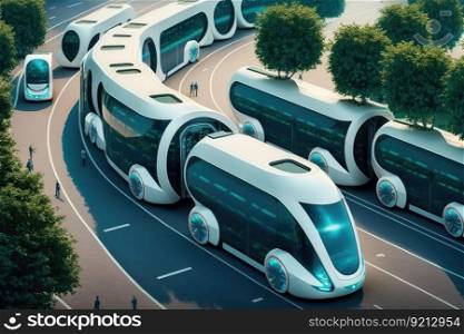 autonomous city transport system, with network of self-driving vehicles transporting people to their destinations, created with generative ai. autonomous city transport system, with network of self-driving vehicles transporting people to their destinations
