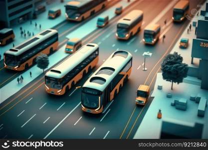 autonomous city transport system, with self-driving cars and buses seamlessly picking up and dropping off passengers, created with generative ai. autonomous city transport system, with self-driving cars and buses seamlessly picking up and dropping off passengers