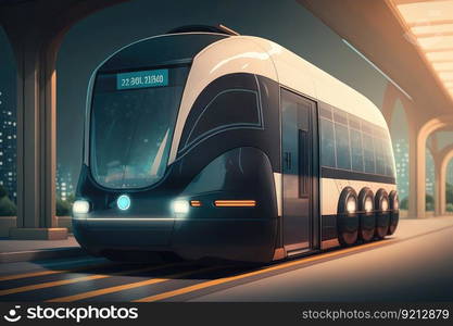 autonomous city transport vehicle arriving at subway station, ready to take passengers, created with generative ai. autonomous city transport vehicle arriving at subway station, ready to take passengers