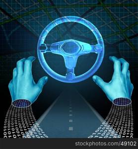 Autonomous driver technology concept and driverless automobile symbol as a digital driver with binary code on a road with hands off the steering wheel as intelligent transport computing with 3D illustration elements.