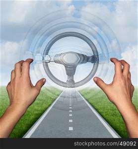 Autonomous driving concept and driverless automobile symbol as a driver on a road with hands off the steering wheel as a future intelligent transport technology with 3D illustration elements.
