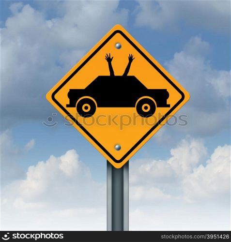 Autonomous driving concept and driverless car safety system symbol as a road traffic sign as an automobile icon with human hands and arms waving up to the sky as a metaphor for hands free autopilot transportation technology.