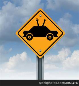 Autonomous driving concept and driverless car safety system symbol as a road traffic sign as an automobile icon with human hands and arms waving up to the sky as a metaphor for hands free autopilot transportation technology.