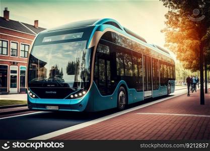 autonomous electric bus transporting passengers on city street, created with generative ai. autonomous electric bus transporting passengers on city street