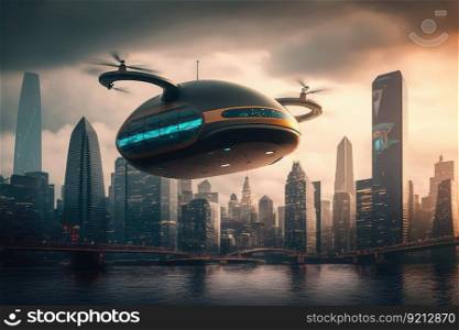 autonomous flying taxi, transporting people over the city skyline, created with generative ai. autonomous flying taxi, transporting people over the city skyline
