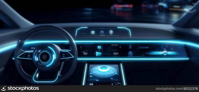 Autonomous futuristic car dashboard concept with HUD