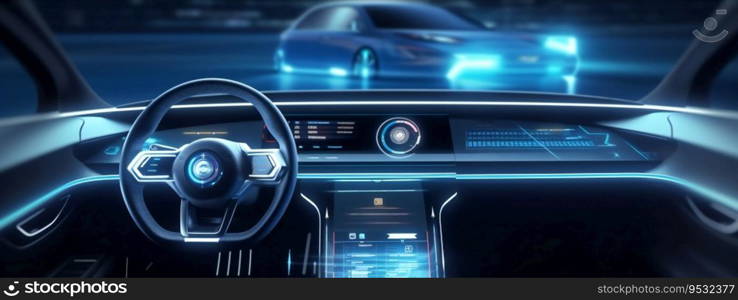 Autonomous futuristic car dashboard concept with HUD
