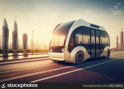 autonomous mini bus carrying passengers on route through modern metropolis, created with generative ai. autonomous mini bus carrying passengers on route through modern metropolis