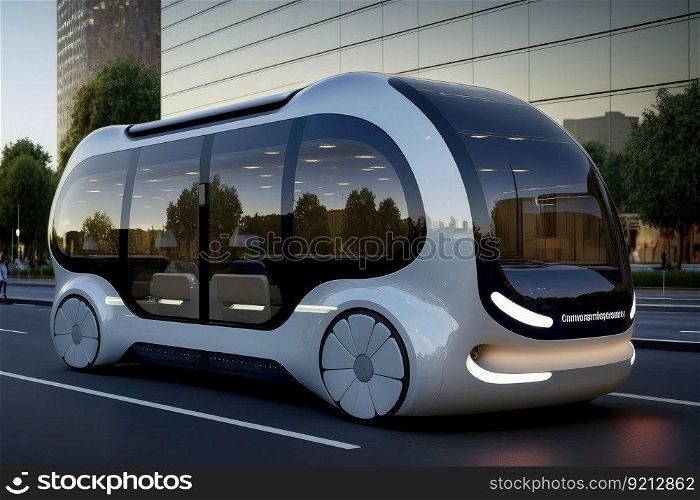 autonomous minibus transporting passengers to their destinations, created with generative ai. autonomous minibus transporting passengers to their destinations