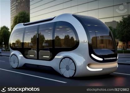 autonomous minibus transporting passengers to their destinations, created with generative ai. autonomous minibus transporting passengers to their destinations