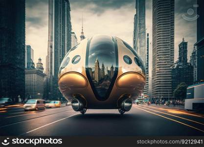 autonomous pod transports passengers across futuristic cityscape, created with generative ai. autonomous pod transports passengers across futuristic cityscape