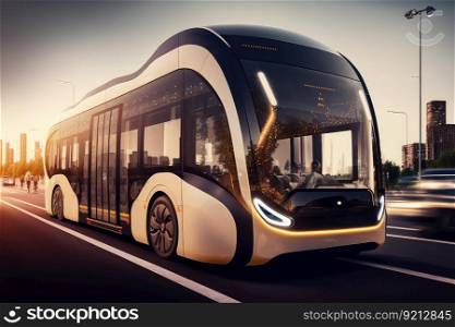 autonomous self-driving bus on city streets, with passengers boarding and disembarking, created with generative ai. autonomous self-driving bus on city streets, with passengers boarding and disembarking