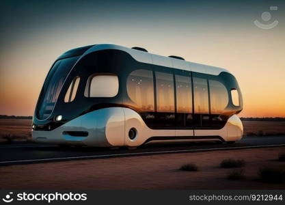 autonomous shuttle bus, ferrying passengers to and from their destinations, created with generative ai. autonomous shuttle bus, ferrying passengers to and from their destinations