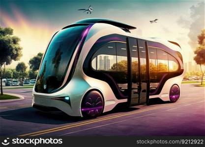 autonomous shuttle bus, picking up and dropping off passengers at their destinations within vibrant city, created with generative ai. autonomous shuttle bus, picking up and dropping off passengers at their destinations within vibrant city