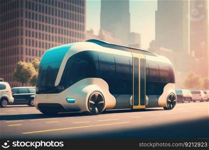 autonomous shuttle bus, picking up and dropping off passengers at their destinations within vibrant city, created with generative ai. autonomous shuttle bus, picking up and dropping off passengers at their destinations within vibrant city