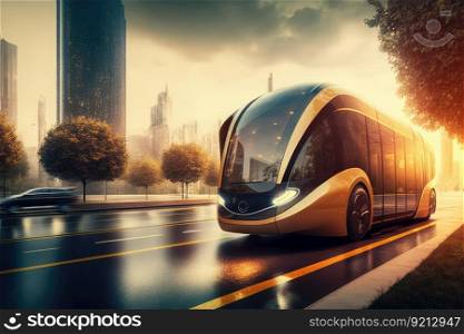 autonomous shuttle bus travelling on futuristic city street, created with generative ai. autonomous shuttle bus travelling on futuristic city street