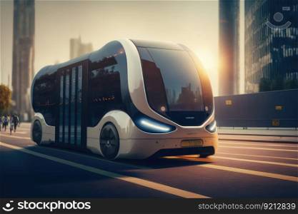 autonomous shuttle bus with stop sign and number plate in futuristic city, created with generative ai. autonomous shuttle bus with stop sign and number plate in futuristic city