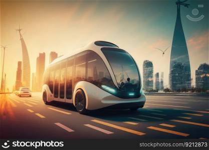 autonomous shuttle transporting passengers through futuristic cityscape, created with generative ai. autonomous shuttle transporting passengers through futuristic cityscape