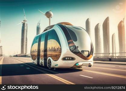 autonomous shuttle transporting passengers through futuristic cityscape, created with generative ai. autonomous shuttle transporting passengers through futuristic cityscape