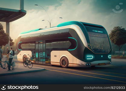 autonomous shuttlebus picking up passengers at transit station, created with generative ai. autonomous shuttlebus picking up passengers at transit station