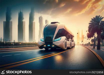 autonomous transport vehicle moving on smooth road in futuristic city, created with generative ai. autonomous transport vehicle moving on smooth road in futuristic city