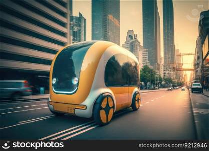 autonomous transport vehicle with goods delivery on busy city street, created with generative ai. autonomous transport vehicle with goods delivery on busy city street