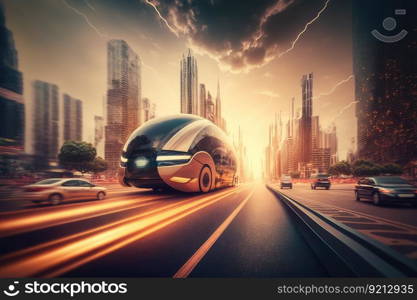 autonomous vehicle drives through bustling metropolis, with blurred background of busy city life, created with generative ai. autonomous vehicle drives through bustling metropolis, with blurred background of busy city life
