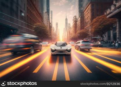 autonomous vehicle drives through bustling metropolis, with blurred background of busy city life, created with generative ai. autonomous vehicle drives through bustling metropolis, with blurred background of busy city life