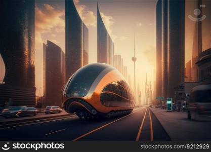autonomous vehicle ferrying passengers between buildings in futuristic cityscape, created with generative ai. autonomous vehicle ferrying passengers between buildings in futuristic cityscape