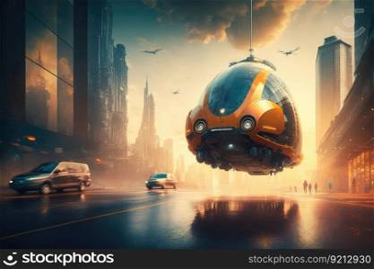 autonomous vehicle ferrying passengers between buildings in futuristic cityscape, created with generative ai. autonomous vehicle ferrying passengers between buildings in futuristic cityscape