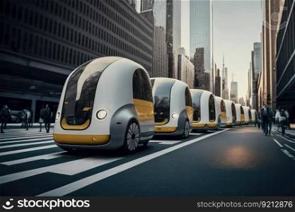 autonomous vehicle fleet transporting people throughout the city, with seamless and efficient service, created with generative ai. autonomous vehicle fleet transporting people throughout the city, with seamless and efficient service