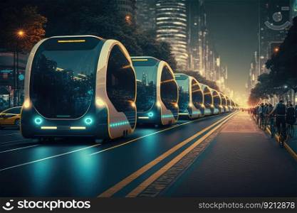 autonomous vehicle fleet transporting people throughout the city, with seamless and efficient service, created with generative ai. autonomous vehicle fleet transporting people throughout the city, with seamless and efficient service
