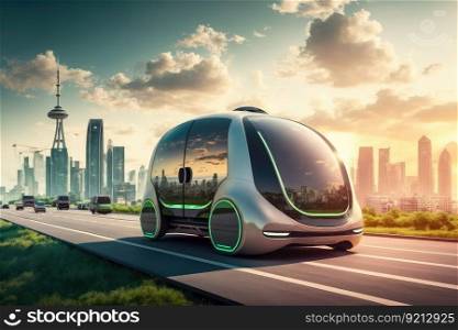 autonomous vehicle transporting passenger on self-driving transport system, with view of futuristic city visible in the background, created with generative ai. autonomous vehicle transporting passenger on self-driving transport system, with view of futuristic city visible in the background