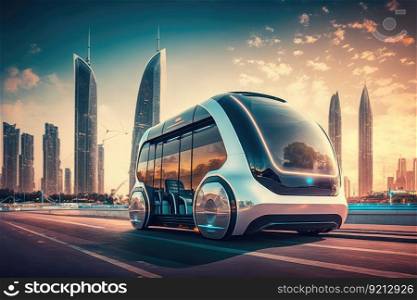autonomous vehicle transporting passenger on self-driving transport system, with view of futuristic city visible in the background, created with generative ai. autonomous vehicle transporting passenger on self-driving transport system, with view of futuristic city visible in the background