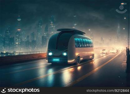 autonomous vehicle transporting passengers through city at night, with skyline in the background, created with generative ai. autonomous vehicle transporting passengers through city at night, with skyline in the background