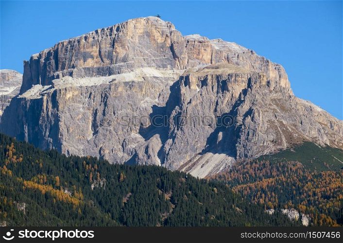 Autumn alpine Dolomites scene, Mazzin, Trentino, Sudtirol, Italy. Peaceful rocky mountain tops view.