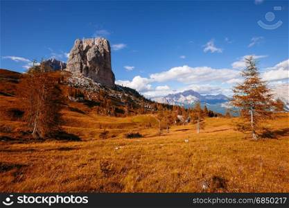 Autumn alpine mountain hills panorama. Cinque Torri, Dolomites Alps, Italy