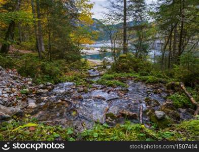 Autumn alpine stream view. Peaceful mountain lake with clear transparent water and reflections. Gosauseen or Vorderer Gosausee lake, Upper Austria.