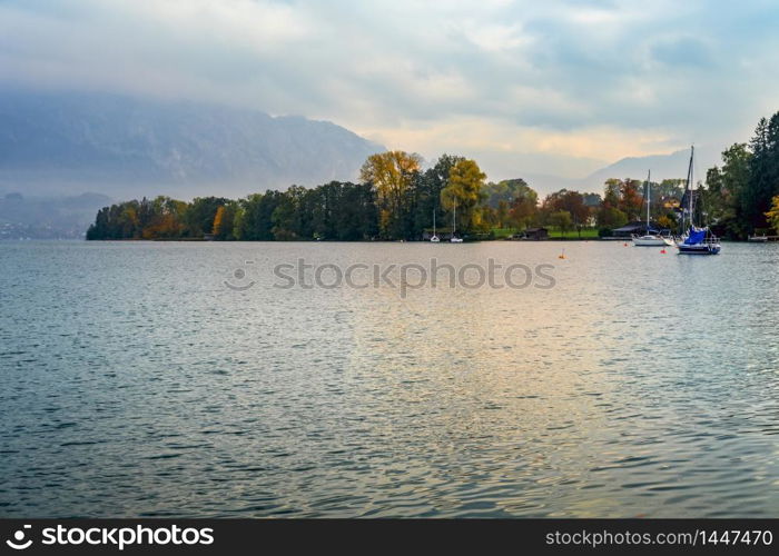 Autumn Alps mountain lake Attersee view, Salzkammergut, Upper Austria.