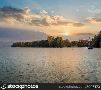 Autumn Alps mountain lake Attersee view, Salzkammergut, Upper Austria.