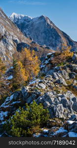 Autumn Alps mountain misty morning view from Jenner Viewing Platform, Schonau am Konigssee, Berchtesgaden national park, Bavaria, Germany. Picturesque traveling, seasonal and nature beauty scene.