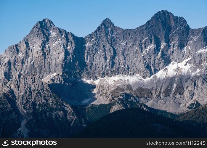 Autumn Alps mountain rock peaks view from Reiteralm, Steiermark, Austria.
